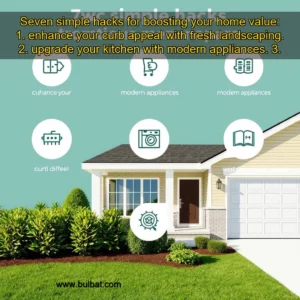 Read more about the article Seven simple hacks for boosting your home value: 1. enhance your curb appeal with fresh landscaping. 2. upgrade your kitchen with modern appliances. 3. invest in high-quality flooring for durability and style. 4.