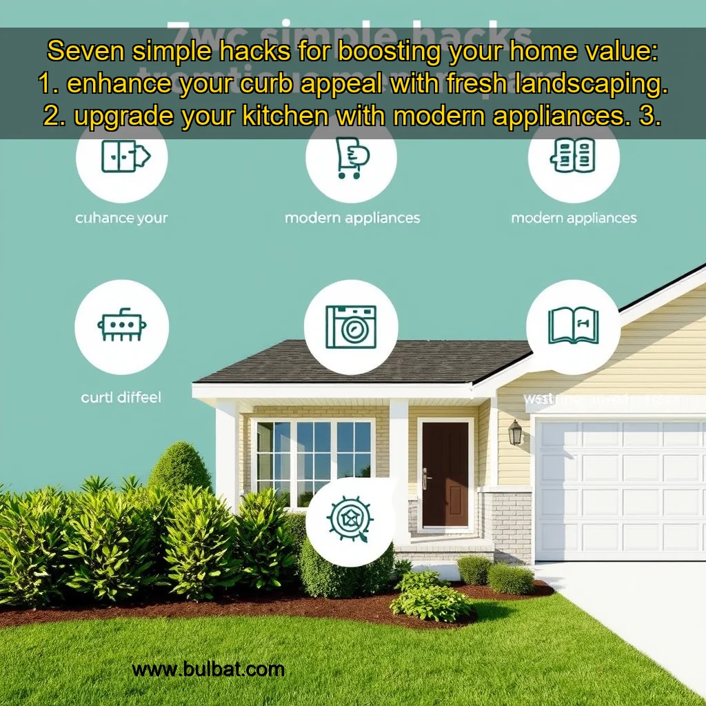 Read more about the article Seven simple hacks for boosting your home value: 1. enhance your curb appeal with fresh landscaping. 2. upgrade your kitchen with modern appliances. 3. invest in high-quality flooring for durability and style. 4.