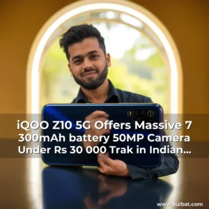 Artistic representation for iQOO Z10 5G Offers Massive 7 300mAh battery 50MP Camera Under Rs 30 000 Trak in Indian Business of Tech Mobile Startups